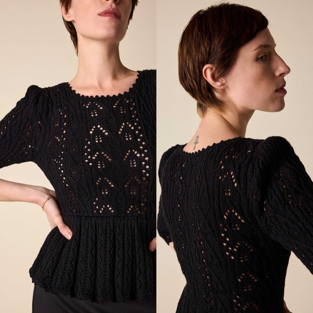NWT St.Roche Filigree Floral Knit Crochet Sweater Peplum Pullover Top Black S - Picture 2 of 13